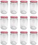 Britten & James 370ml Glass Jam Jar with Red Gingham Twist Top Lid - Pack of 12. Perfect for Home Made Jam, Pickles and Chutney