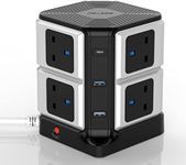 BESTEK USB C PD 20W 8 Way 4000J Surge Protection Power Tower Extension Lead Cord, 8 Gang Power Strip Socket Plug with Type-C Slots & 2 USB Ports, 1.8m/3250W (Black)【New Version】