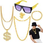 Hysagtek 80s 90s Hip Hop Costume Kit, 5Pcs Hip Hop Fancy Dress Rapper Accessories Set for Women Men with Sunglasses Dollar Sign Necklace Rings Gold Bracelet Chain for Disco Carnival Party