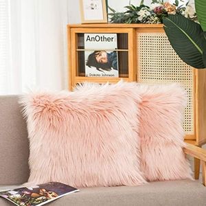 HYSEAS Set of 2 Decorative Faux Fur Throw Pillow Covers, Pale Pink Fluffy Soft Fuzzy Square Cushion Cover Pillow Case for Sofa, Couch, Chair, Bed, Cafe, 18 x 18 Inches