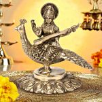 Artvarko Brass Goddess Maa Saraswati Statue Sitting on Swan Education Study Vidya Devi Idol Spiritual Puja Vastu Showpiece Religious Murti Sculpture Knowledge Music & Art 7 Inches