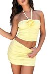 Women Y2K Skirt Sets Summer 2 Piece Outfits Sleeveless Cropped Tube Tops Ruched Mini Skits Sexy Going Out Clubwear S Light Yellow