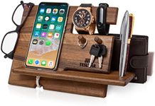 Wood Phone Docking Station Walnut Key Hooks Holder Wallet Stand Watch Organizer Men Gift Husband Anniversary Dad Birthday Nightstand Purse Tablet Boyfriend Father Graduation Male