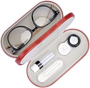 Muf 2 in 1 Double Sided Portable Contact Lens Case and Glasses Case,Dual Use Design with Built-in Mirror, Tweezer and Contact Lens Solution Bottle Included for Travel Kit, Brown, Dual