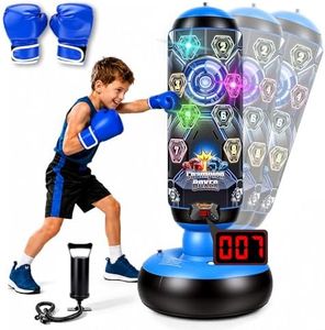 HONEYEAH Punching Bag for Kids with Gloves & Pump, LED Lights Music & Electronic Scoring, 4 Game Modes Interactive Cyberpunk Inflatable Boxing Set, Freestanding Toys for Boys Girls Ages 4-12 Gifts