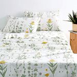 Wake In Cloud - Botanical Sheet Set, 100% Cotton Bedding, Yellow Flowers and Green Leaves Floral Garden Pattern Printed on White (4pcs, Full Size)