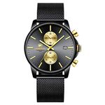 GOLDEN HOUR Men's Watch Fashion Sport Quartz Analog Mesh Stainless Steel Waterproof Chronograph Watches, Auto Date in Gold Hands, Color: Gold Black