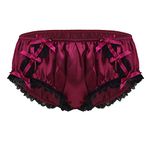 ranrann Mens Satin Silky Ruffled Sissy Panties Lace Low Rise Bikini Briefs Crossdress Underwear Wine Red M