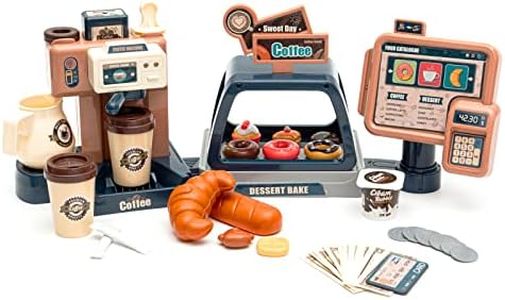 Jomifin Pretend Role Play Toy Coffee Shop for Boys and Girls with Coffee Maker Machine and Fake Donuts 41Pcs