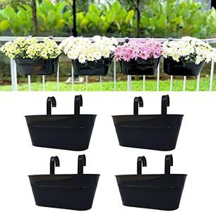 LáLáGreen Outdoor Rail Planter - 4 Pack, 11 Inch Black Metal Iron Hanging Flower Pots Deck Railings Fence Buckets Modern Countryside Boho Style Wall Mount Window Box Plant Holder Hooks Porch Decor