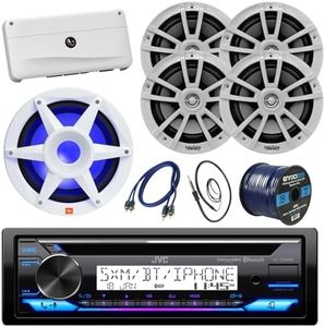BOAT SOUND SYSTEM PACKAGE: JVC Single DIN Marine Bluetooth CD Receiver Bundle Combo with 5-Channel Amplifier, 4x 6.5" 225 Watt Max White Speakers, 10" LED Subwoofer, RCA Cable, Wire, Antenna