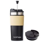 InstaCuppa Portable French Press Travel Mug for Coffee with Extra Lid, Effortless Press Mechanism, Durable Steel Mesh Filter, Spill-Proof, Easy To Grip, Perfect for Busy Moms On The Go, 400 ML,Black