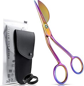 MAKER AND MARKET Applique Pelican Duckbill Blade 5.8 Inch - Double Bent Curved Offset Handle Scissors with Pouch Sleeve for Embroidery, Fabric, Thread, Knitting, Sewing, Arts & Craft (Rainbow)