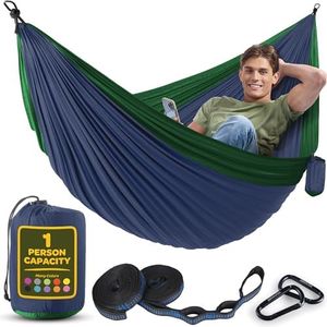 Durable Hammock 400 lb Capacity, Nylon Camping Hammock Chair - Double or Single Sizes w/Tree Straps and Attached Carry Bag - for Travel/Backpacking/Beach/Backyard (Medium, Dark Blue & Forest Green)