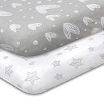 Biloban Pack and Play Sheet/Mini Crib Sheets Fitted 2 Pack, Playard Sheet 100% Natural Cotton Jersey Knit Fitted for Pack and Play Playard 39" x 27", Soft Breathable, Preshrunk, Grey Stars