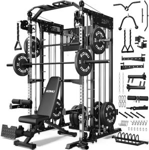GOIMU SM4 Smith Machine with Dual Pulley System, 2500lbs Multi-Function Power Cage with LAT Pulldown & Low Row, Squat Rack with Weights Storage Rack & Leg Hold-Down Attachment for Home Gym