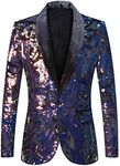 PYJTRL Men Fashion Velvet Sequins Floral Pattern Suit Jacket Blazer (Velvet - Blue, XXL)