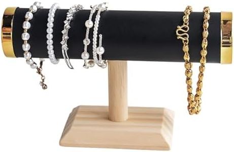 RQQM Jewelry Display T-Bar Stand – Elegant Black PU Leather & Natural Oak Wood Base, Space-Saving Organizer for Bracelets, Watches & Bangles