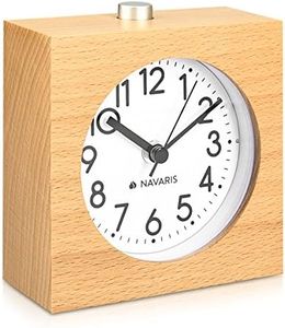 Navaris sveglia analogica da comodino in legno - orologio da tavolo con snooze - sveglia stile retro vintage silenziosa in legno chiaro - quadrato