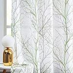 Tree Branch Printed Semi Sheer Curtains 50" x 72" inch Grey and Green Botanical Privacy Linen Textured Drapes White Transparent Light Filtering Window Eyelet 2 Curtain Panels for Bedroom Living Room