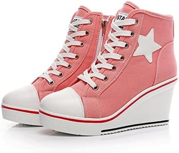 Mei MACLEOD High Heel Wedge Sneakers for Women Casual Lace Up Canvas Shoes for Ladies Platform Wedge Shoes AnkleBooties Pink