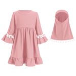 IDOPIP Baby Girls Muslim Abayas Dress with Hijab 2PCS Prayer Clothes Set for Toddler Girl Long Sleeve Ramadan Dresses Islamic Dubai Robe Kids Full Maxi Kaftan Casual Thobe Outfits Pink 0-6 Months