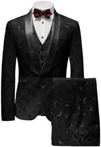 Wemaliyzd Formal Suit for Men Jacquard Tuxedo Suits Satin Shawl Lapel Mens Business Casual Jacket Vest Pants (Black,36R)