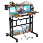 Dripex Height Adjustable Desk with Power Outlets & Strip Lights, Mobile Standing Desk Rolling Sit-Stand Computer Desk with Cup Holder, Hook, Storage Bag, Small Standing Desk