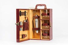 Abrazo 3 Glasses Premium Whiskey Case | Handy Portable Leatherette Bar Set for Car | 8 Pieces Wine Color Bar Tool Set