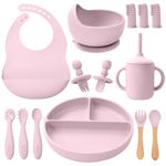 LITTLE RAWR Silicone Baby Feeding Set 14 Pcs,Baby Led Weaning Supplies, Baby Spoons Suction Bowl Divided Plate Bib Cup Finger Brush,First Stage Solid Food Eating Utensils - 6+ Months(Light Pink)