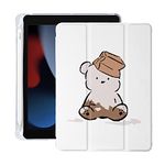 Cute Kawaii Bear for iPad 5th/6th Generation Case with Pencil Holder, Auto Sleep/Wake, White Leather with Clear Soft TPU Back Cover for iPad 9.7 Inch