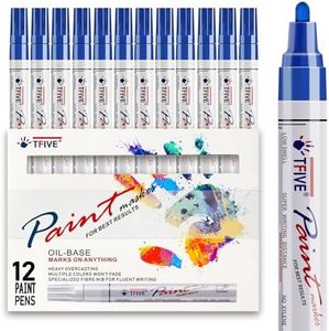 TFIVE Blue Paint Pens Markers - 12 Pack Oil Based Permanent Marker, Medium Tip, Never Fade, Quick Dry, Waterproof Paint Pen for Rocks Painting, Wood, Fabric, Plastic, Canvas, Glass, Metal
