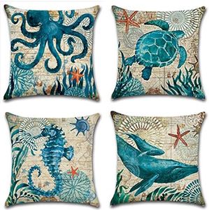 ArtSocket Set of 4 Linen Throw Pillow Covers Mediterranean Sea Coastal Nautical Decorative Pillow Cases Home Decor Square 18x18 inches Pillowcases