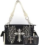 Western Style Rhinestone Cross Studded Laser Cut Wings Tooled Leather Purse Women Handbags Country Shoulder Bag Wallet Set, 2black/Silver Set, L