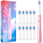 Sonic Electric Toothbrush for Adults with Holder and 10 Brush Heads, 40000 VPM and 3 Modes, Rechargeable Sonic Toothbrush Fast 2 Hr Charge Last 35 Days Pink