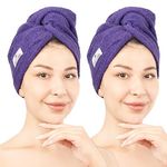 American Soft Linen 100% Cotton Hair Towels for Women, Head Towel Cap, Cotton Hair Turban Towel Wrap for Long Curly Anti Frizz Hair, Soft and Absorbent Cotton Hair Towels 2 Pack, Purple