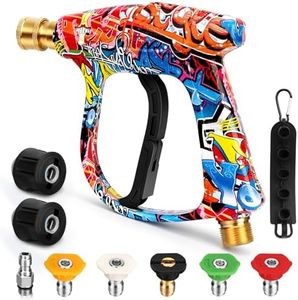 Short High Pressure Washer Gun with 5 Nozzles & 2 Hose Connectors, 4000PSI Cleaner Gun Car Wash Water Gun M22-14mm Water Inlet to 1/4" Connect, for Karcher K-series Quick Connect & Release Trigger Gun