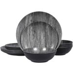 Melamine Dinnerware Set - 12pcs dinnerware set Indoor and Outdoor use, Bamboo Pattern Dishes Dinnerware Set for 4,Dishwasher Safe (Black Grey wood)