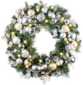 WANNA-CUL 30 Inch Pre-Lit Soft Gold Silver Christmas Wreaths for Front Door