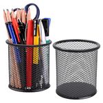 Qualsen Pencil Cups 2 PCS Pen Holder Wire Mesh Pen Organizer with Sticky Notes Round Metal Crayon Holder Desk Cup Holder for Office and School (Black)