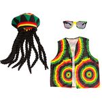 Tigerdoe Rasta Hat with Black Dreadlocks – 3 Pc Set – Reggae Hat, Vest & Sunglasses - Jamaican Costume Accessories