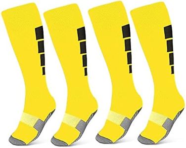 Kids Soccer Socks, 2 Pairs Athletic Knee High Socks for Youth Boys Girls for Shoe Size 3-6.5 / Ages 6-12 (yellow)