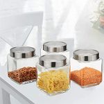 PIRAMAL Cloudmart Square 600ml Transparent Glass Jars for Kitchen Pantry, Snacks, Masala, Honey, Pickles, Cookies, Dry Fruits, Coffee Beans Storage with Stainless Steel Lid (Set Of 4) (600ml, Cube Jar)