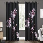 StyleWorth Black and Pink Color Flower Design 3D Digital Printed Polyester Eyelet Shilhouette Curtain Piece of 3, 4 x 7 feet / 48 x 84 inch