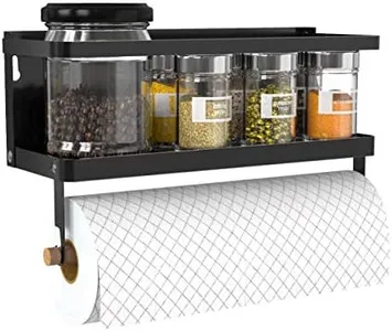 Magnetic Paper Towel Holder , 2-in-1 Magnetic Spice Rack with Hooks,Wall Mount Shelf Towel Rack for Refrigerator (Black, With hook)