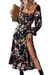 BLENCOT Women's Floral Print Puff Long Sleeve Maxi Dress Sexy Square Neck Tie Front Ruffle Hem Split A-line Beach Dresses Black L