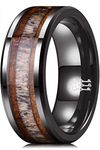 THREE KEYS JEWELRY Mens 8mm Ceramic Wedding Engagement Polished Carbide Ring with KOA Wood & Antler Inlay for Men Cool Black Vintage Engraved Size 9