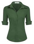 HOTOUCH Fitted Blouse Women Short Sleeve Cotton Shirts Ladies Office Shirt Button Down V Neck Blouses Stretch Slim Fit Tops Green XL