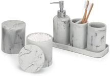 zccz White Marble Look Bathroom Accessory Set 6 Pcs - Soap Dispenser, 2 Qtip Holder Dispenser, Toothbrush Holder, Vanity Tray, Bathroom Tumbler - Countertop Vanity Organizer - Accessoire Salle De Bain