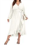 SCOMCHIC Women Plus Size Wedding Guest Maxi Dress Long Sleeve Wrap V Neck High Low Split Ruffle Cocktail Dress with Belt, White, 4X-Large Plus